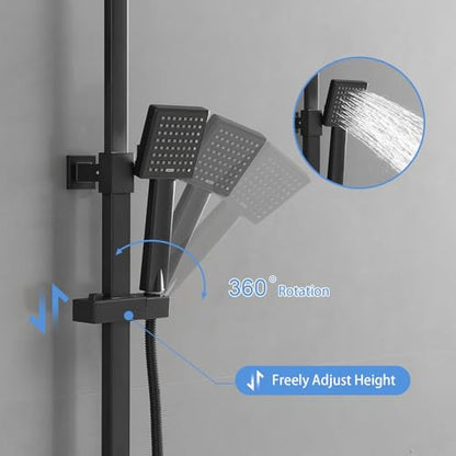 Matte Black Exposed Shower System 9 Inch Rainfall Shower Head | Handheld Spray Single Handle Center Wall Mount Bathroom Shower Faucet with Square Shower Head by Homevacious - color: Matte Black, style: 2-Function