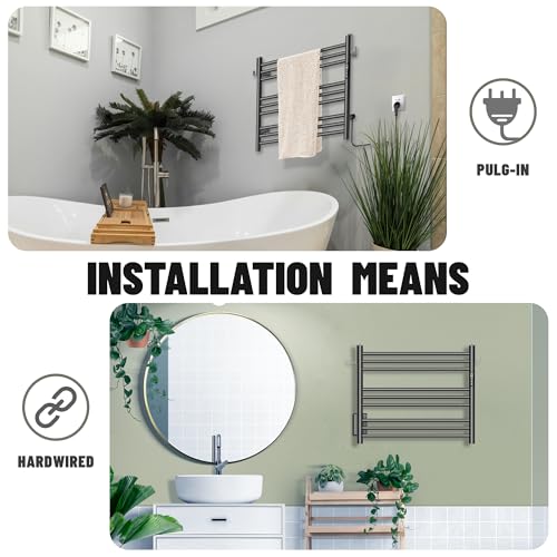 K&KALONZO Wall-Mounted 9-Bar Heated Towel Rack, Fast Heat in 2 Min, NTC Safety | 4 Timers & 3 Heat Levels Control, Plug-In/Hardwired, Top Hooks, Memory Function, Anti-Scald, Stainless Steel, EL13SB - color: Matte Black, size: H 19.7 x W 23.6