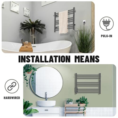 K&KALONZO Wall-Mounted 9-Bar Heated Towel Rack, Fast Heat in 2 Min, NTC Safety | 4 Timers & 3 Heat Levels Control, Plug-In/Hardwired, Top Hooks, Memory Function, Anti-Scald, Stainless Steel, EL13SB - color: Matte Black, size: H 19.7 x W 23.6