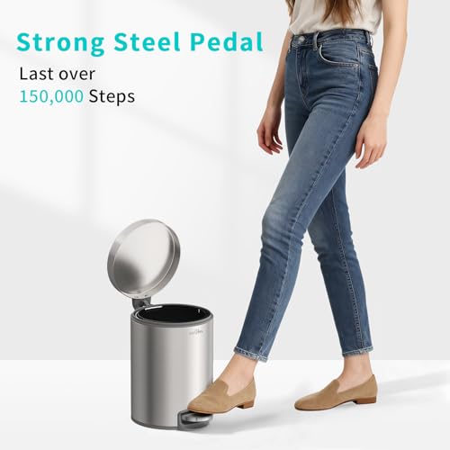 mVm Small Trash Can,1.3 Gallon/5 Lliter Step Bathroom Trash Can with Lid and Foot Pedal,Anti-Fingerprint,Soft-Close.Round Brushed Stainless Steel Garbage Can for Bathroom,Office,Living Room (Silver) - color: Silver, size: 1.3Gal/5L