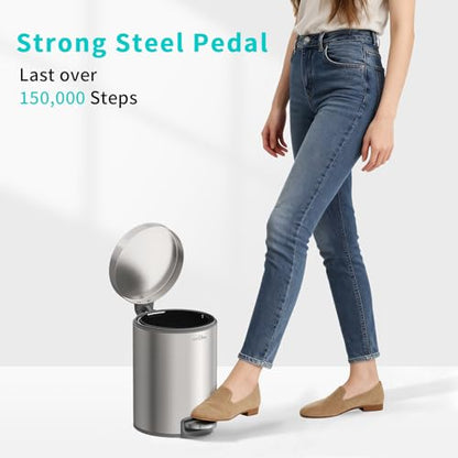 mVm Small Trash Can,1.3 Gallon/5 Lliter Step Bathroom Trash Can with Lid and Foot Pedal,Anti-Fingerprint,Soft-Close.Round Brushed Stainless Steel Garbage Can for Bathroom,Office,Living Room (Silver) - color: Silver, size: 1.3Gal/5L