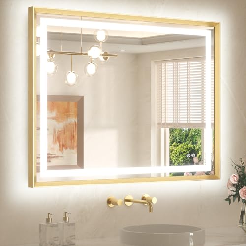 40 x 32 Led Mirror Brushed Gold Metal Frame Frontlit & Backlit Vanity Mirror Anti-Fog Stepless Dimmable 3 Colors White/Warm/Natural Wall Mirror with Lights Wall-Mounted - color: Brushed Gold, size: 32"L x 40"W