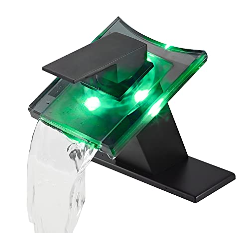 Black Bathroom Faucet Led Light 3 Color Changing Waterfall Glass Spout | Battery Power Lavatory Vanity Sink Faucet Single Handle One Hole Deck Mount Modern Designer Basin Tap - color: Black, style: with Led light