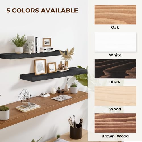 Solid Wood Floating Shelves, 36 Inch Wall Shelves, Set of 2, Black | 8 Inch Deep, 1.6 Inch Thick, Extra-Wide Display Space, Mounting Hardware Included, For Kitchen, Bathroom and Living Room - color: Black, size: 36x8x1.6