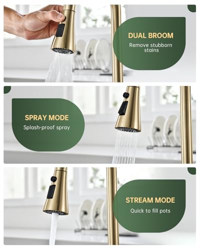 DAYONE 2 Handle Kitchen Faucet with Pull Down Sprayer Brushed Gold, 4 Holes Sink Faucets for Kitchen/RV with Soap Dispenser Stainless Steel - color: Brushed Gold, style: 4 Holes Pull Down