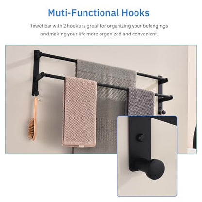 Matte Black Double Towel Rack with Hooks for Bathroom, 30 Inch Stainless Steel Long Towel Bar - Wall Mounted Towel Rails Holder - color: Matte Black, size: 30-Inch
