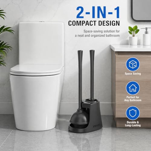 2-in-1 Toilet Bowl Brush and Plunger Set - Toilet Plunger Brush Set for Bathroom - Heavy Duty Rubber Plunger and Durable Toilet Brush, Compact Bathroom Cleaning Set for Home, Apartment (Black)