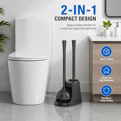 2-in-1 Toilet Bowl Brush and Plunger Set - Toilet Plunger Brush Set for Bathroom - Heavy Duty Rubber Plunger and Durable Toilet Brush, Compact Bathroom Cleaning Set for Home, Apartment (Black)