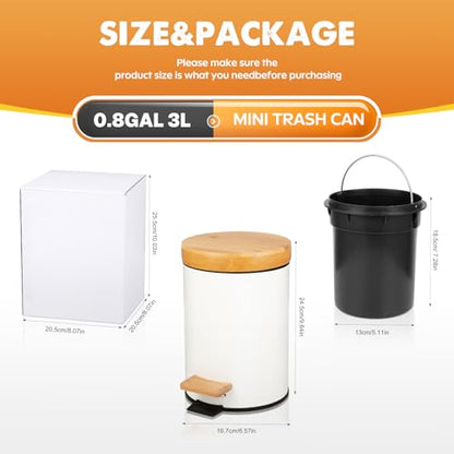 Small Bathroom Trash Can with Natural Bamboo Lid Soft Close，3 Liter / 0.8 GallonStainless Steel Garbage Can with Removable Inner Bucket andStep Pedal（White） - color: White