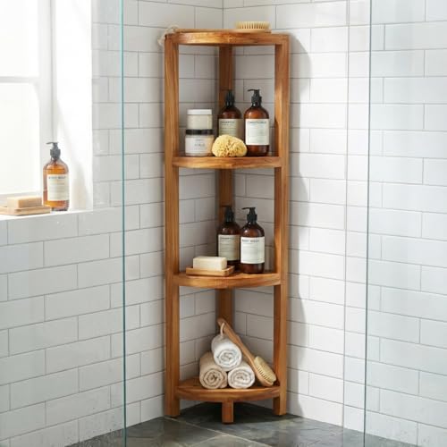 AquaTeak Kai Four-Tier Corner Teak Bath Stand | Space-Saving Design, Durable Water-Resistant Teak, Anti-Slip Feet
