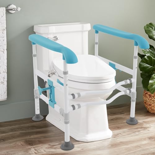 Toilet Safety Rails for Seniors Heavy Duty Toilet Safety Frame, 330Lbs Carbon Steel Adjustable Height and Width, Toilet Grab Bar Arms for Elderly Disabled & Shower, Blue