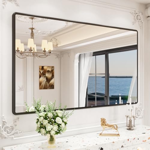 pertetey 60 x 36 in Rounded Rectangle Bathroom Mirror, Black Metal Frame | Black Metal Frame, Rounded Rectangle Design, Tempered Glass, Wall Mounted - size: 60"L x 36"W