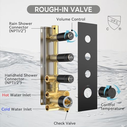 Thermostatic Shower System,Shower Faucet Set,12 Inch Ceiling Mounted and 6 Inch Wall Mount Rain Shower Head with 2 in 1 Handhled,Push Button Diverter Dual Shower Head Combo Set Matte Black - color: Matte Black, size: 12"-2