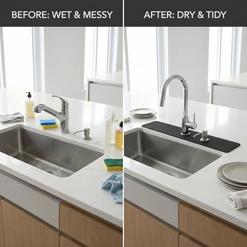 Absorbent Kitchen Sink Faucet Mat for 2-Hole 4" On-Center Faucets 30"x5.5" | Fits Sink with Soap Dispenser, Air Gap or Side Sprayer - Cuttable Drip Catcher Splash Guard for Irregular & 3, 4 Hole Sinks - size: 30"Lx5.5"W 4'' on center