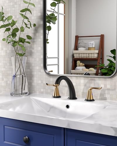 WOWOW Black and Gold Widespread Bathroom Faucet Bathroom Sink Faucet 3 Hole Vanity 2 Handle Basin 8 Inch Mixer Tap with Pop Up Drain and Supply Hose - color: Black and Gold