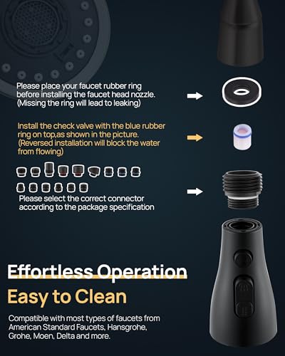 J-HVA Pull Down Kitchen Faucet Sprayer Head Replacement Part, Matte Black | with 15 Connectors, 3 Function Pull Out Sink Sprayer Replacement Nozzle, Kitchen Faucet Head Hose Spray Tap Spout - color: Matte Black