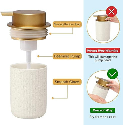Ceramic Hand Foaming Soap Dispenser - 300ml Hand Foaming Pump Soap Dispenser for Hand Wash Beige Ceramic Dish Liquid Foam Dispenser for Kitchen Bathroom - color: Foam-stripe