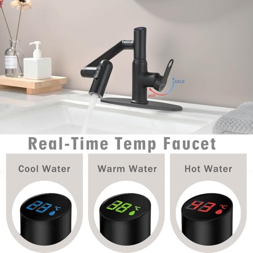 Bathroom Faucet, Rotatable Faucets with Temperature Display in Celsius (Batteries-Free), 3 Water Outlet Modes Single Hole Faucet with Sink Plate for Bathroom Sink (Matte Black) - color: Matte Black