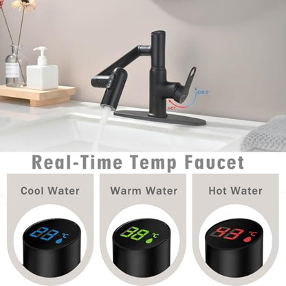 Bathroom Faucet, Rotatable Faucets with Temperature Display in Celsius (Batteries-Free), 3 Water Outlet Modes Single Hole Faucet with Sink Plate for Bathroom Sink (Matte Black) - color: Matte Black