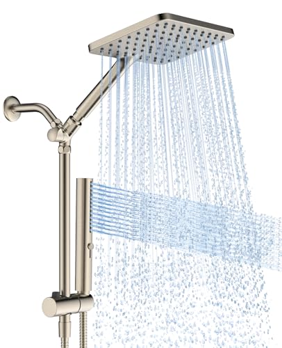 High Pressure Rain Shower Head with Handheld Combo, 10 Inch Square Rainfall Showerhead, Adjustable Slide Bar Dual Shower System, 3 Spray Modes, 59" Stainless Steel Hose, Brushed Nickel - color: Brushed Nickel, style: Basic
