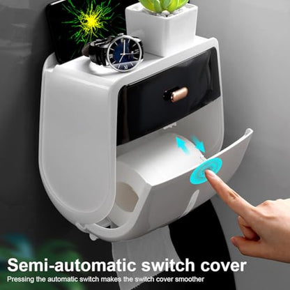 Toilet Paper Holder Wall Mount, Self Adhesive Paper Towels Holder with Drawer and Shelf Watertight Tissue Dispenser Semi-Auto Switch Toilet Tissue Roll Holders for Bathroom(Black)