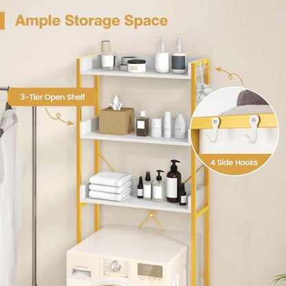 Giantex Over The Toilet Storage Shelf, 3-Tier Freestanding Space Saver Above Toilet with 4 Hooks, Adjustable Bottom Bar, Over Toilet Bathroom Organizer for Restroom, Laundry, Easy Assembly - color: White + Gold