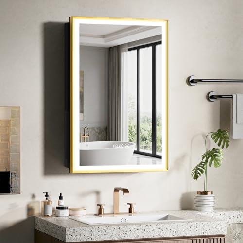 16x24 Inch Lighted Medicine Cabinet Gold Aluminum Frame 3-Color Dimmable LED Anti-Fog Mirror Surface & Recessed Mount for Bathroom Hotel Apartment Dressing Room Entryway - color: Gold, size: 16X24 IN