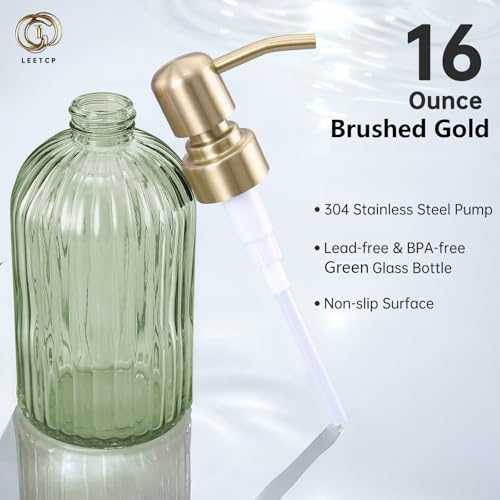 16Oz Green Glass Soap Dispenser with Rust Proof Stainless Steel Pump, Green Stripe Bathroom Hand Dish Lotion Dispensers with Brushed Gold Pump,Brushed Gold Glass Soap Dispenser - color: Brushed Gold + Green, size: 1-Pack
