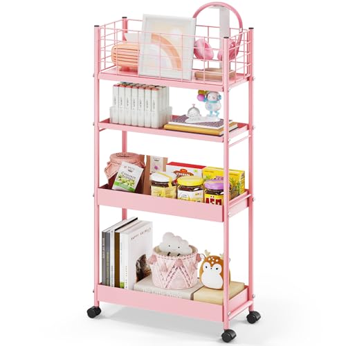 KINGRACK 4 Tier Slim Rolling Cart, Metal Utility Storage Cart with Wheels | 5.7" Raised Edge, Narrow Space Trolley Organizer for Bathroom, Kitchen, Office, Dorm, Laundry, Living Room, Pink - color: Pink, size: 4-Tier