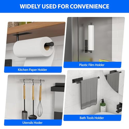 Paper Towel Holder Under Cabinet, Self-Adhesive,No Drilling, Stainless Steel, Wall-Mounted for Kitchen and Bathroom, Easy Install, Durable, Space-Saving, Ideal for Home, RV (Black, 1 Pack) - color: Black
