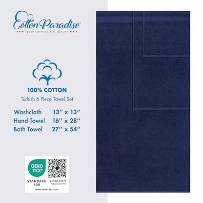Cotton Paradise 100% Cotton Turkish Towel Set, Soft Absorbent Quick Dry, 6 Piece Towel Set, Navy Blue - color: Navy Blue, size: (27"x54") +( 16"x28") + (13"x13")