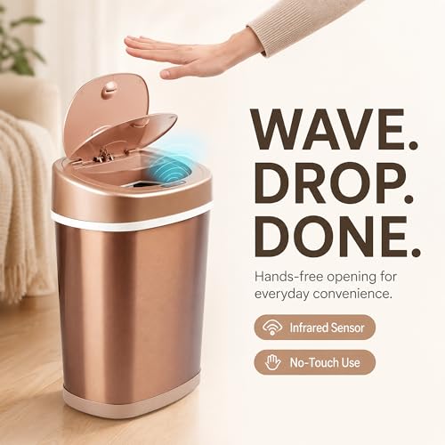 Motion Sensor Trash Can, 15L Touchless Automatic Garbage Can with Lid, Stainless Steel for Kitchen, Bathroom, Office, Quiet Soft-Close, Long Battery Life, Champagne Gold - color: Champagne gold