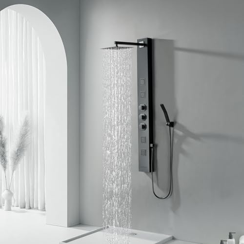Rainfall Shower Tower Shower Wall Panels, Stainless Steel Shower Panel with 4 Body Jets Massage and Adjustable Head, Tub Spout Column Wall Mount, Black