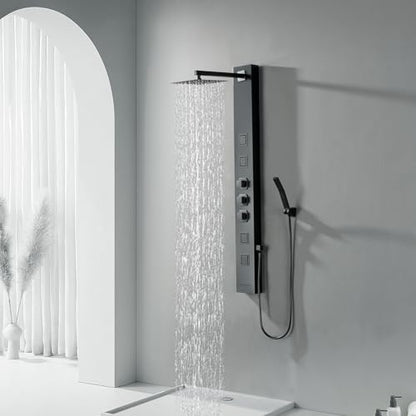 Rainfall Shower Tower Shower Wall Panels, Stainless Steel Shower Panel with 4 Body Jets Massage and Adjustable Head, Tub Spout Column Wall Mount, Black