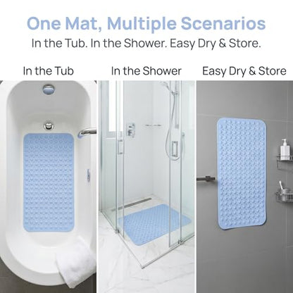Shower Mat Non Slip, Quick Dry Bathtub Mat with Suction Cups and Drain Holes to Keep Tubs Clean, Soft on Feet Surface, Bathroom Essentials Floor Liner, 25.6" x 13.8", Blue
