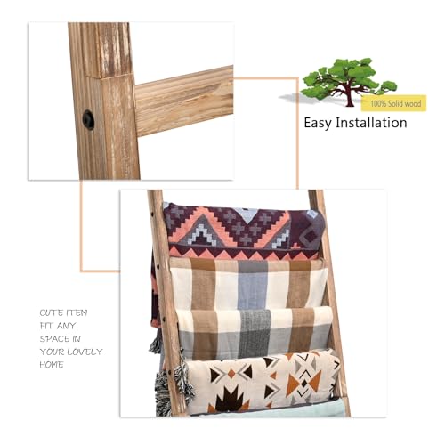 Blanket Ladder, 24 in Wide 11-Rung Wood Rustic Decor Rack | 11 rungs and 24in wide, Solid wood visible grain, Angled lean-to design, Anti-slip support, Living room and bathroom use