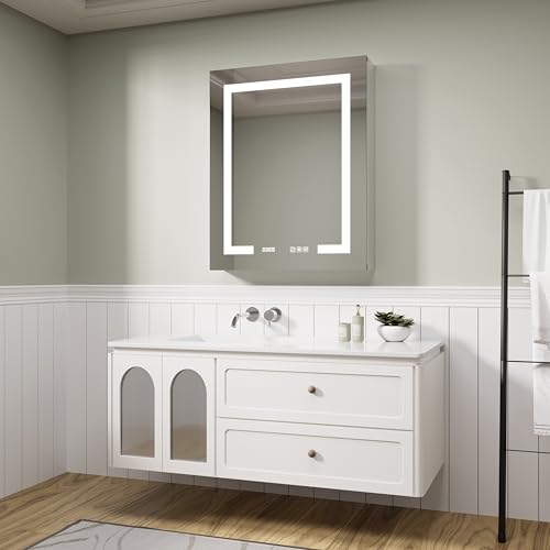 LED Medicine Cabinet 24x30 Anti-Fog Mirror Dimmable Recessed Mount | 3 Color Dimmable LED. Time Temp Display. Anti-Fog IP44. 2 Outlets+2 USB. Plug-in/Hardwired. Recessed/Wall Mount. Right Hinge. - size: 24x30"R, style: Style-A