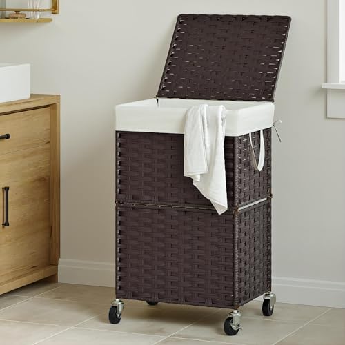 Chrislley Wicker Laundry Basket with Wheels,Rolling Laundry Hamper with Lid | 90L Slim Clothes Hamper with Wheels & Removable Liner Bag, Handwoven Rattan Laundry Organizer for Bedroom, Bathroom, Brown - color: Brown