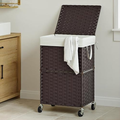 Chrislley Wicker Laundry Basket with Wheels,Rolling Laundry Hamper with Lid | 90L Slim Clothes Hamper with Wheels & Removable Liner Bag, Handwoven Rattan Laundry Organizer for Bedroom, Bathroom, Brown - color: Brown