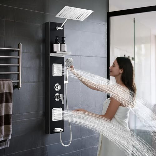 Shower Panel Tower System with Shelf, Tub Spout, Total 4 Body Spray & 5 Handheld Settings, Adjustable Height, Rainfall + Waterfall Shower Head Body Jet Massage