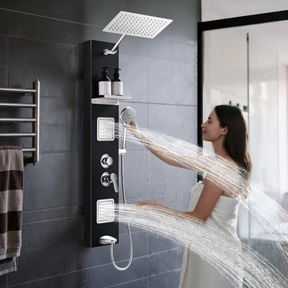 Shower Panel Tower System with Shelf, Tub Spout, Total 4 Body Spray & 5 Handheld Settings, Adjustable Height, Rainfall + Waterfall Shower Head Body Jet Massage