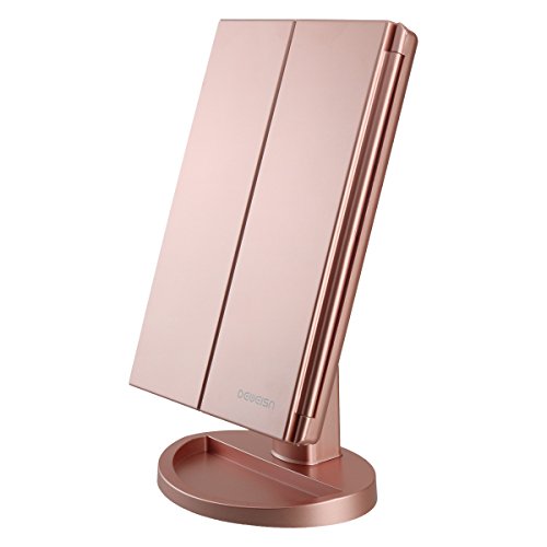 Dresser Mount Tri-Fold Lighted Vanity Mirror with 21 LED Lights, Touch Screen and 3X/2X/1X Magnification, Two Power Supply Modes Make Up Mirror,Travel Mirror - color: Rose Gold