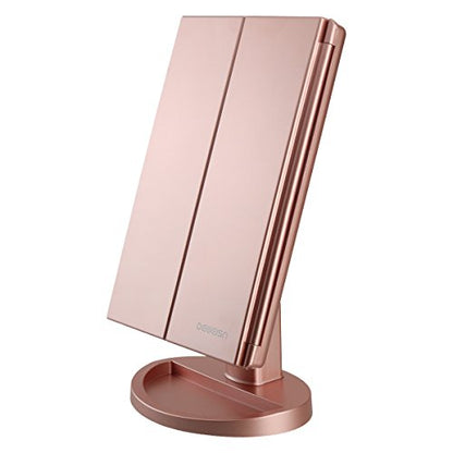 Dresser Mount Tri-Fold Lighted Vanity Mirror with 21 LED Lights, Touch Screen and 3X/2X/1X Magnification, Two Power Supply Modes Make Up Mirror,Travel Mirror - color: Rose Gold