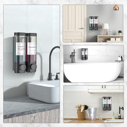 Shampoo and Conditioner Dispenser Shower Dispenser Body Wash Wall Mounted Shampoo Dispenser for Shower Wall No Drill for Bathroom Hotel 2 Chamber x 300ml Black with Waterproof Labels - color: Black 2