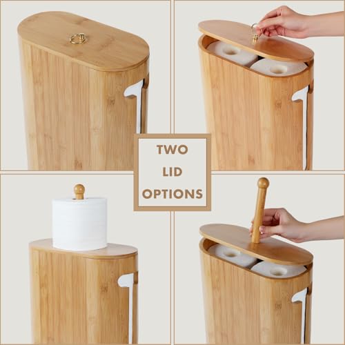 Gobam Bamboo Toilet Paper Storage with Dual-Use Lid, Freestanding Bathroom Tissue Organizer with Viewing Slot, Built-In Handle, Anti-Slip Base, Compact Toilet Paper Holder Stand for up to 6 Mega Rolls - size: 6 Roll - Oval