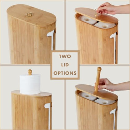 Gobam Bamboo Toilet Paper Storage with Dual-Use Lid, Freestanding Bathroom Tissue Organizer with Viewing Slot, Built-In Handle, Anti-Slip Base, Compact Toilet Paper Holder Stand for up to 6 Mega Rolls - size: 6 Roll - Oval