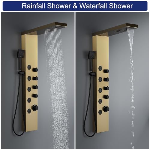 ROVATE 4-in-1 Rainfall Waterfall Shower Panel Tower System, Brushed Gold | Shower Column with Body Massage Jets and Handheld, Stainless Steel High Pressure, Use Multiple Functions Simultaneously - color: Brushed Gold