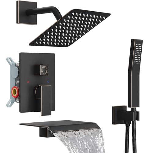 Midanya Shower System with Tub Spout,Bathtub Shower Faucet Set with Square Rainfall Head and Handheld Sprayer Wall Mount Tub Faucet Set with Valve and Trim Kit,8 Inch Oil Rubbed Bronze - color: Oil Rubbed Bronze, size: 8 Inch