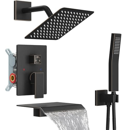 Midanya Shower System with Tub Spout,Bathtub Shower Faucet Set with Square Rainfall Head and Handheld Sprayer Wall Mount Tub Faucet Set with Valve and Trim Kit,8 Inch Oil Rubbed Bronze - color: Oil Rubbed Bronze, size: 8 Inch