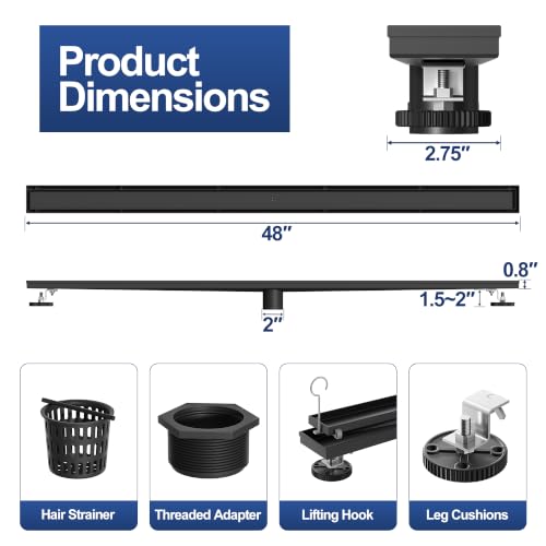 Neodrain 48-Inch Linear Shower Drain-Matte Black,with Tile Insert Grate | 304 Stainless Steel, Fast Drainage, Rectangle Shower Floor Drain with Leveling Feet & Hair Strainer, Fits Bathroom, Balcony - color: Matte Black, size: 48 IN